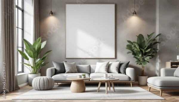 Fototapeta a gray sofa, a coffee table, and two potted plants, with a large blank picture frame hanging on the wall above the sofa. Cozy modern living room with photo frame design