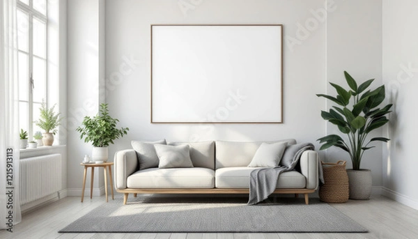 Fototapeta a white sofa with gray pillows, a gray rug, and a large blank picture frame on the wall above it. Cozy modern living room with photo frame design