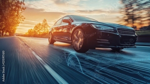 Fototapeta A sleek black car speeds down a scenic road at sunset, with motion blur emphasizing its speed and modern technology.
