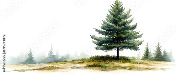 Fototapeta Serene Landscape with Green Pine Tree on a Misty Background