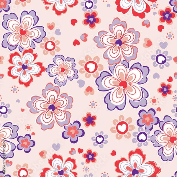 Fototapeta Fun Retro Floral Seamless Repeat Background - Pink & Purple