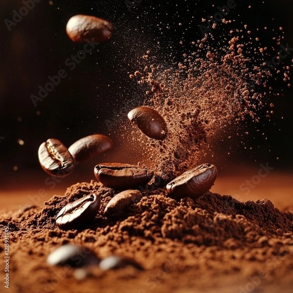 Fototapeta Dynamic explosion of coffee beans and powder in motion