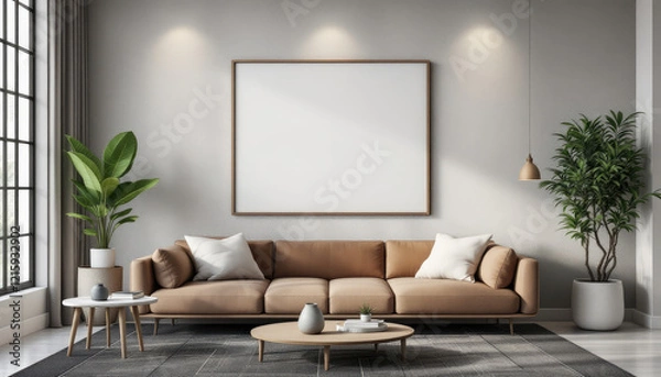 Fototapeta a large brown couch with two white pillows, a coffee table, a large window, and a blank white picture frame on the wall above the couch. Cozy modern living room with photo frame design