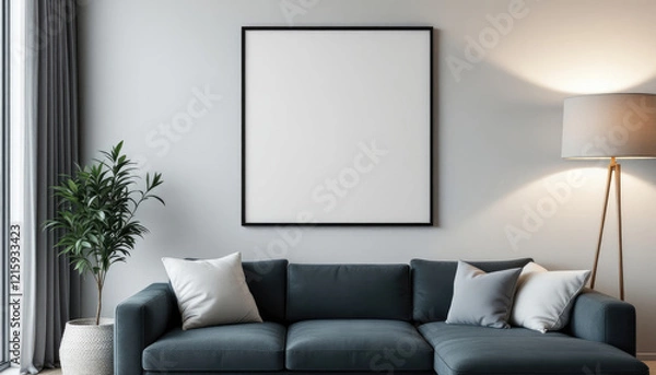 Fototapeta a blue couch with white and gray pillows, a large blank picture frame on the wall, a tall floor lamp, and a potted plant. Cozy modern living room with photo frame design