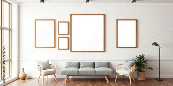 Fototapeta Modern living room interior design with empty picture frames and comfortable seating