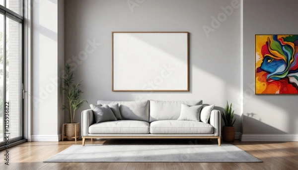 Fototapeta a white sofa with two gray pillows, a large blank picture frame on the wall, and two potted plants. Cozy modern living room with photo frame design