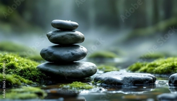 Fototapeta zen, stones, tall, stack, uneven, shapes, rugged, textures, mossy, damp, surface, morning, mist, soft, diffused, lighting, dewdrops, visible, natural, serene, tranquil, harmony, peaceful, meditative, 