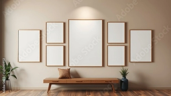 Fototapeta Gallery Wall Mockup Neutral Tones, Wooden Bench, Empty Frames