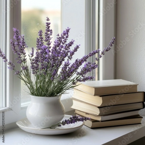 Obraz Lavender bouquet and books on windowsill