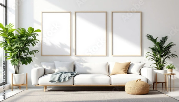 Obraz a white sofa with three blank picture frames on the wall above it, two potted plants on either side, and a woven ottoman in front of the sofa. Cozy modern living room with photo frame design