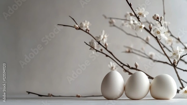 Fototapeta Easter decoration concept with eggs with spring branches. Copyspace