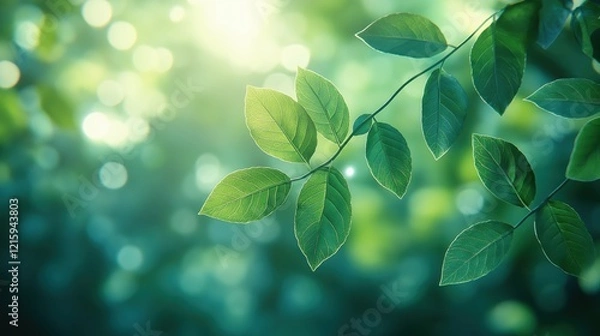 Fototapeta A leafy green branch with a bright sun shining on it