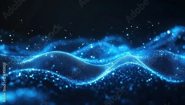 Fototapeta Blue Glowing Particle Waves Dark Background Digital Art