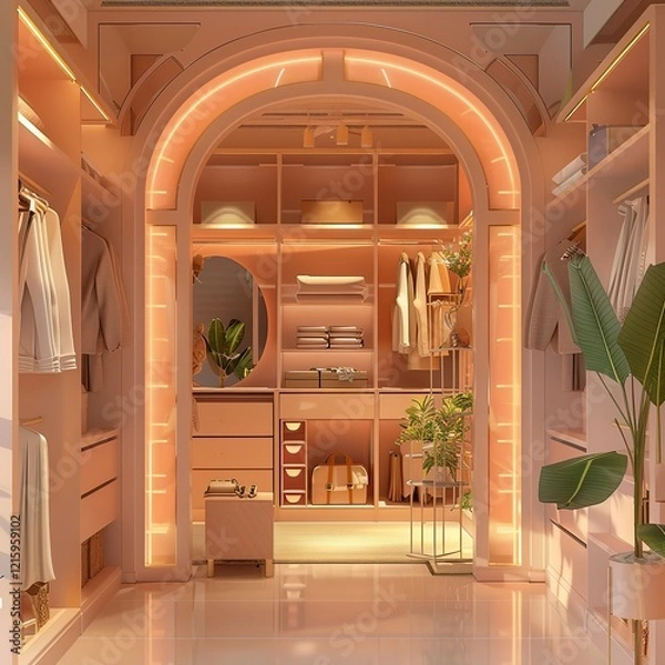 Fototapeta Elegant arched walk-in closet with warm lighting, ample storage, and stylish decor.