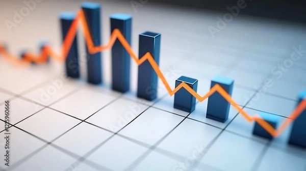 Fototapeta Dramatic 3D bar chart shows declining profits orange line sharply falls against blue bars. AI Generated