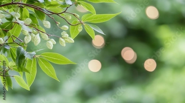 Fototapeta Springtime Branch with Green Leaves and Buds