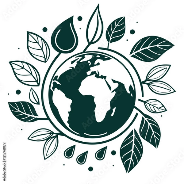 Obraz Minimal vector icon of a globe encircled by eco-friendly symbols like leaves and water drops, representing sustainability and green initiatives
