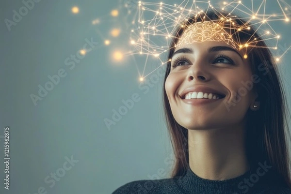 Fototapeta Illuminated Mind: A Woman's Brainpower and Network Connections