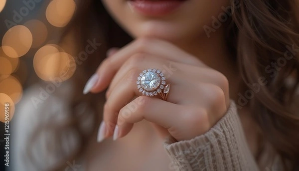 Fototapeta Close-up of a Woman's Hand Adorned with a Stunning Diamond Ring, Featuring Rose Gold Setting and Sparkling Gemstones.