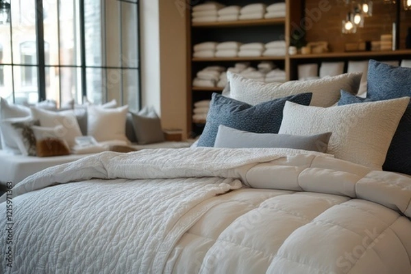 Fototapeta A high-end bedroom store with a luxurious bedding display, each set offering ultimate comfort and style