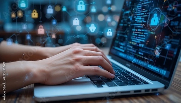 Fototapeta Cybersecurity expert working on a laptop, coding for data protection and network security with digital lock icons.