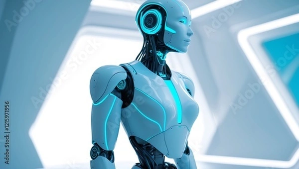 Fototapeta Futuristic AI Robot with Sleek White and Neon Blue Design in a Sci-Fi Environment