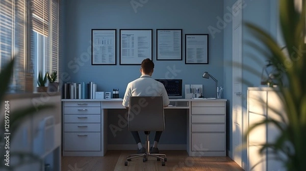Obraz A Man Sitting at a Desk in a Home Office Working on a Computer