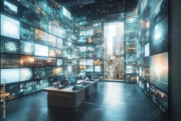 Fototapeta A hybrid work office with multiple screens connected globally, showcasing a seamless transition between physical and virtual worlds in a high-tech environment.