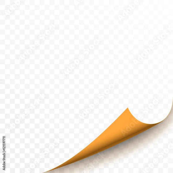 Fototapeta Curled corner of yellow paper. Realistic vector illustration with transparent shadow.