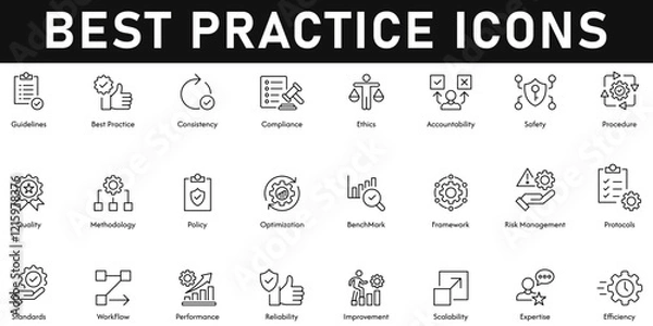 Obraz Best Practices Icons vector illustration with thin line editable stroke containing guidelines, consistency, compliance, ethics, accountability, procedure, quality, methodology, optimization, benchmark