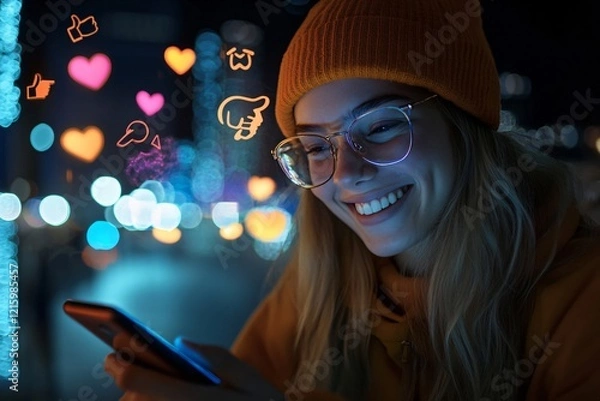 Fototapeta A young woman is smiling while using her smartphone, with various social media icons like thumbs up and hearts floating around her in the background