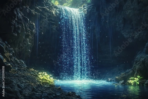 Fototapeta A mystical cave with a glowing waterfall and luminescent plants, where secrets are hidden deep within the earth