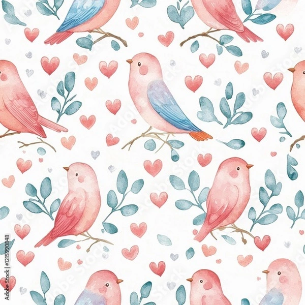 Fototapeta Colorful birds with hearts in a whimsical pattern design.