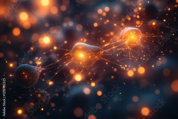 Fototapeta A network of glowing, interconnected neurons representing consciousness, with electrical impulses creating a vibrant web of light in a dark, cosmic void