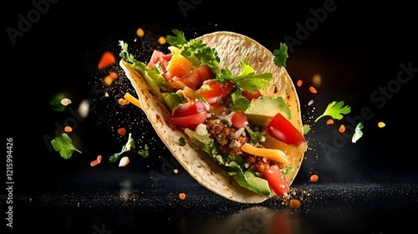 Fototapeta Vibrant floating spicy vegetarian taco culinary studio food photography dark environment close-up flavor explosion