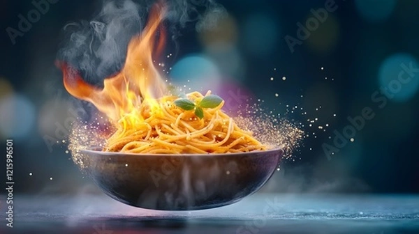 Fototapeta Flaming spicy pasta dish in a modern restaurant food photography vibrant atmosphere close-up view culinary concept