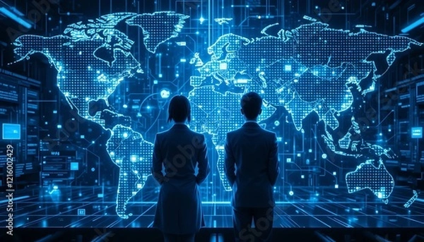 Fototapeta Global Network Technology: Businesspeople Observing a Futuristic World Map Display on a Large Screen
