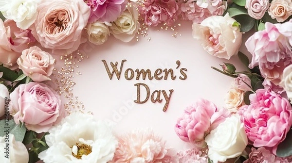 Obraz A stunning display for Women's Day showcases a banner surrounded by delicate pastel flowers, signifying love and appreciation on March 8