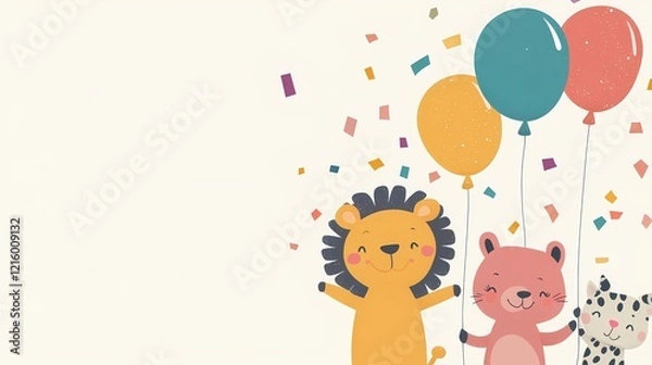 Fototapeta Cute cartoon animals with balloons and confetti against a light background celebrating party