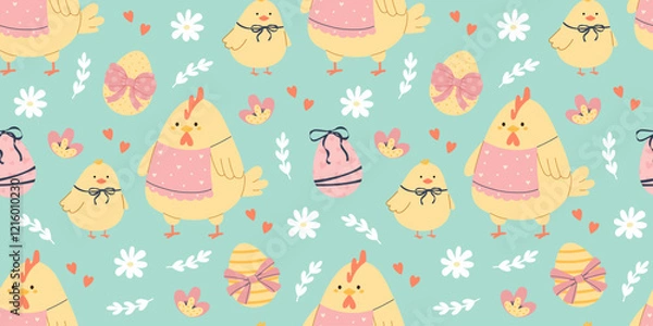 Fototapeta Happy Easter pattern with chicken and easter eggs