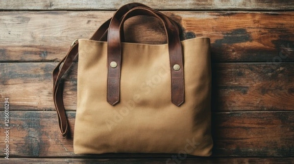 Fototapeta Rustic brown canvas tote bag with leather straps displayed on a wooden surface, showcasing durability and style for everyday use