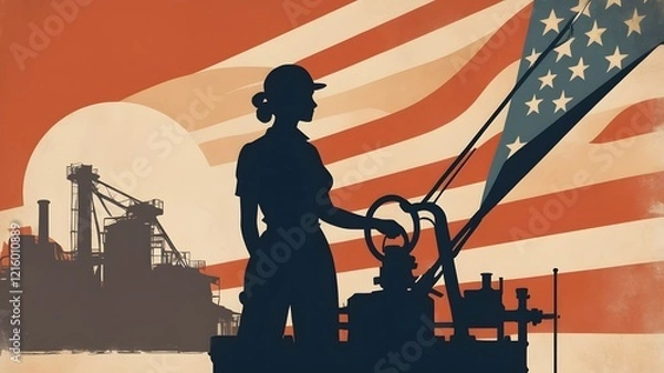 Obraz Retro-style illustration of a female worker, reminiscent of Rosie the Riveter, with an American flag backdrop. Perfect for Labor Day, women's empowerment, and US manufacturing themes.