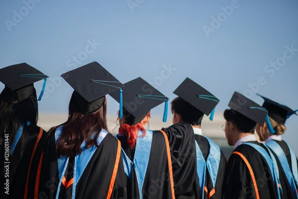 Fototapeta back view The group of graduates celebrated their college graduation with pride and joy on their graduation day. congratulations	