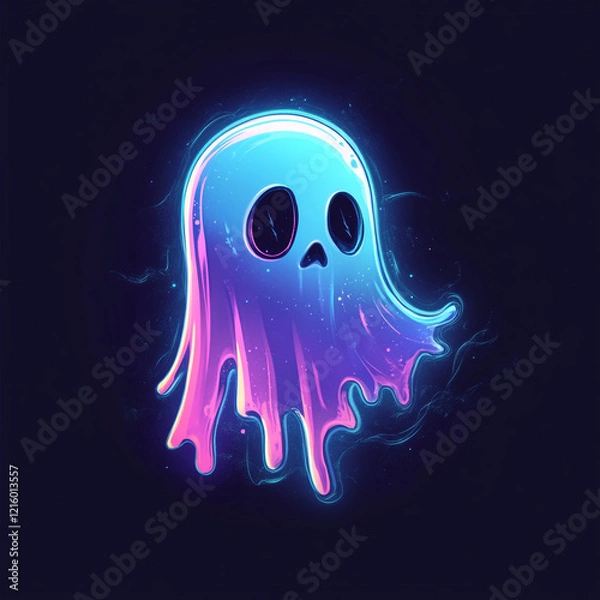 Fototapeta A glowing neon ghost-like figure with a blue and pink aura on a dark background.