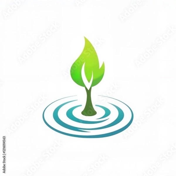 Fototapeta Green leaf floating on water with concentric circles symbolizing harmony