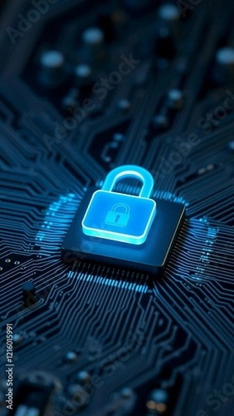 Fototapeta  Blue glowing lock icon on a microchip, symbolizing digital security