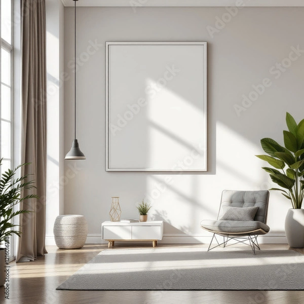 Obraz a large white picture frame hanging on the wall, a gray chair, a white ottoman, a white coffee table, and two potted plants. Cozy modern living room with photo frame design