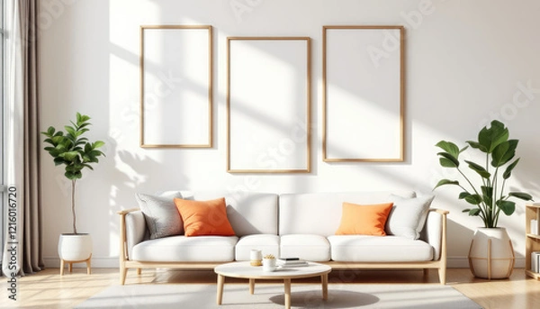 Obraz a white sofa with orange throw pillows, a coffee table, and three empty picture frames on the wall above the sofa. Cozy modern living room with photo frame design