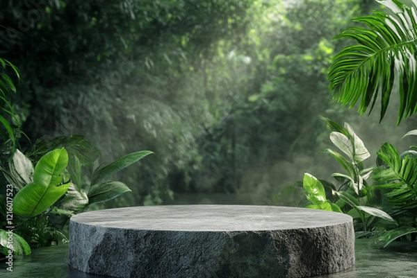 Fototapeta A circular stone platform is surrounded by lush, dense tropical foliage with various green leaves and some pink flowers, set in a misty, jungle-like environment.