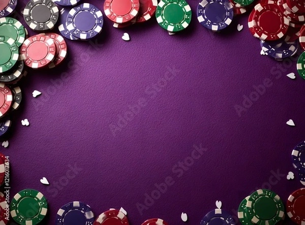 Obraz A purple felt surface with poker chips scattered around the outside edge of the frame. On a dark purple background. This could be used for an online casino website banner